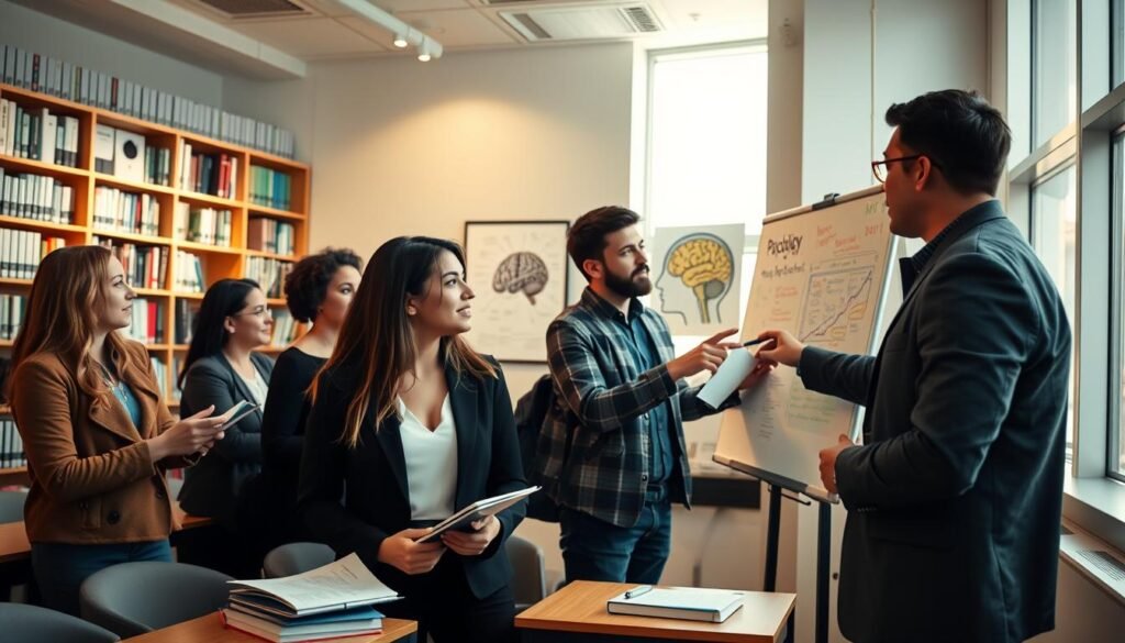 A bright, modern university classroom setting focused on psychology programs, featuring a diverse group of students engaged in a lively discussion. In the foreground, a young woman in business attire takes notes, while a male student gestures toward a whiteboard filled with psychology concepts. In the middle background, bookshelves lined with psychology textbooks create a scholarly atmosphere, with a poster of the brain on display. Soft, natural lighting streams through large windows, casting a warm glow. The mood is collaborative and focused, emphasizing a journey of learning and career development in psychology. The angle is slightly elevated, capturing both the students' interactions and the inspirational educational environment. A bright, modern university classroom setting focused on psychology programs, featuring a diverse group of students engaged in a lively discussion. In the foreground, a young woman in business attire takes notes, while a male student gestures toward a whiteboard filled with psychology concepts. In the middle background, bookshelves lined with psychology textbooks create a scholarly atmosphere, with a poster of the brain on display. Soft, natural lighting streams through large windows, casting a warm glow. The mood is collaborative and focused, emphasizing a journey of learning and career development in psychology. The angle is slightly elevated, capturing both the students' interactions and the inspirational educational environment.