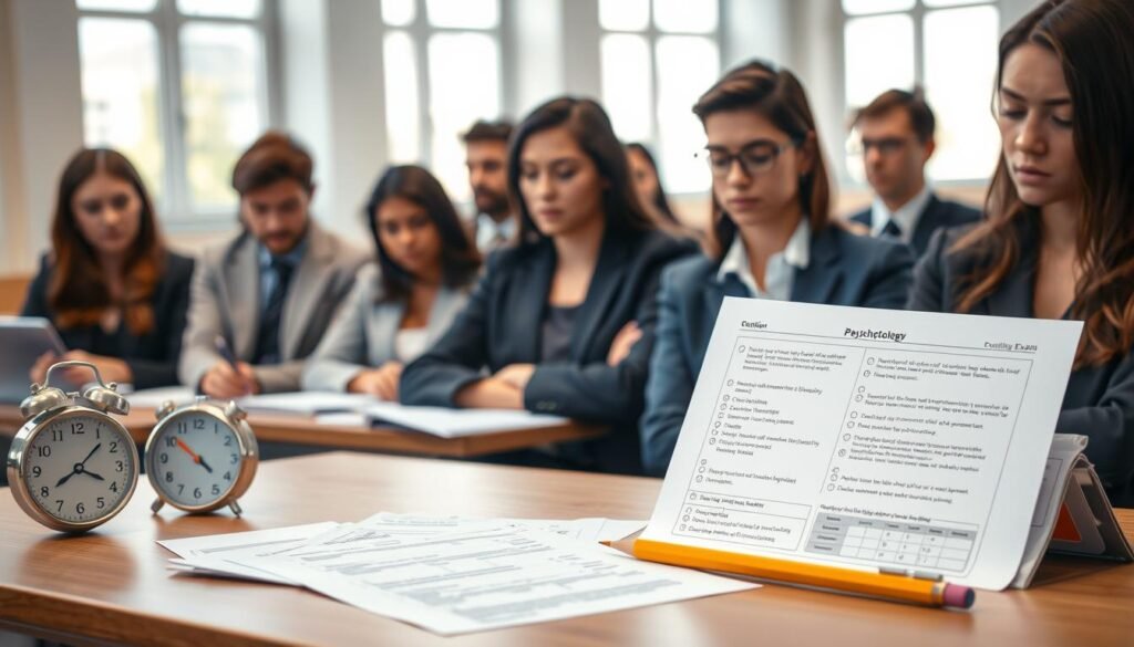A classroom setting focusing on a psychology exam scene. In the foreground, a neatly organized desk with an open exam paper filled with multiple-choice questions and diagrams related to psychology concepts like cognitive processes and behavioral theories. A sharpened pencil rests beside the exam, and a clock on the desk shows a limited time remaining. In the middle background, a diverse group of students, dressed in professional business attire, are deeply focused on answering questions, showcasing a mix of concentration and slight anxiety. The lighting is bright yet soft, emulating a typical classroom environment, with natural sunlight streaming through large windows. The atmosphere is serious but encouraging, reflecting the importance of the exam.