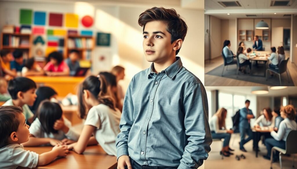A collage depicting various stages of psychological accommodation from childhood to adulthood, focusing on relatable scenarios. In the foreground, a diverse group of children engaging in a cooperative learning activity in a colorful classroom, showcasing teamwork and adaptability. In the middle ground, a teenager making choices during a school project presentation, dressed in smart casual attire, reflecting maturity and growth. In the background, a small group of adults in a professional setting, collaborating in a conference room, demonstrating effective problem-solving and accommodation in decision-making. The lighting is warm and inviting, with soft shadows, creating an atmosphere of support and understanding. The angle captures the interactions from an elevated perspective, emphasizing connection and communication. A collage depicting various stages of psychological accommodation from childhood to adulthood, focusing on relatable scenarios. In the foreground, a diverse group of children engaging in a cooperative learning activity in a colorful classroom, showcasing teamwork and adaptability. In the middle ground, a teenager making choices during a school project presentation, dressed in smart casual attire, reflecting maturity and growth. In the background, a small group of adults in a professional setting, collaborating in a conference room, demonstrating effective problem-solving and accommodation in decision-making. The lighting is warm and inviting, with soft shadows, creating an atmosphere of support and understanding. The angle captures the interactions from an elevated perspective, emphasizing connection and communication.