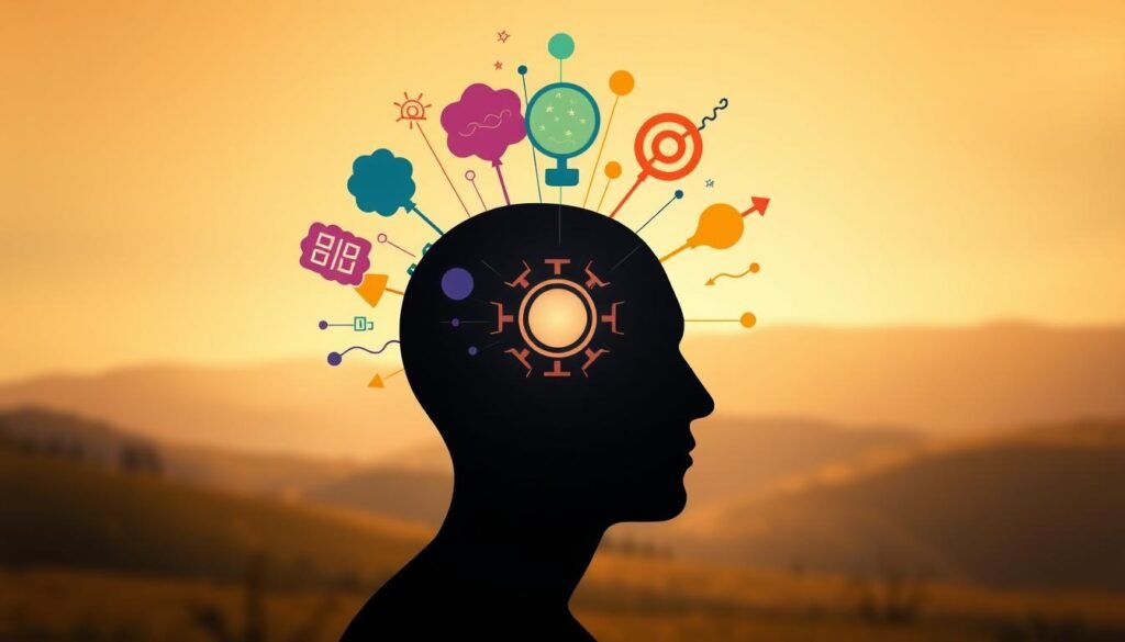 A conceptual illustration of "ego functions" in psychology, featuring a visually striking representation of the ego mind as a human silhouette in the foreground. The silhouette is surrounded by various abstract shapes and colors symbolizing thoughts, emotions, and self-regulation, radiating from the head area. In the middle background, a serene landscape with soft gradients evokes a sense of balance and calm. The lighting is warm and inviting, with soft shadows that enhance the sense of depth. The overall atmosphere is thoughtful and introspective, conveying a sense of psychological exploration. Use a slightly blurred background to keep focus on the silhouette, allowing the vibrant colors to embody the dynamic core functions of the ego. A conceptual illustration of "ego functions" in psychology, featuring a visually striking representation of the ego mind as a human silhouette in the foreground. The silhouette is surrounded by various abstract shapes and colors symbolizing thoughts, emotions, and self-regulation, radiating from the head area. In the middle background, a serene landscape with soft gradients evokes a sense of balance and calm. The lighting is warm and inviting, with soft shadows that enhance the sense of depth. The overall atmosphere is thoughtful and introspective, conveying a sense of psychological exploration. Use a slightly blurred background to keep focus on the silhouette, allowing the vibrant colors to embody the dynamic core functions of the ego.