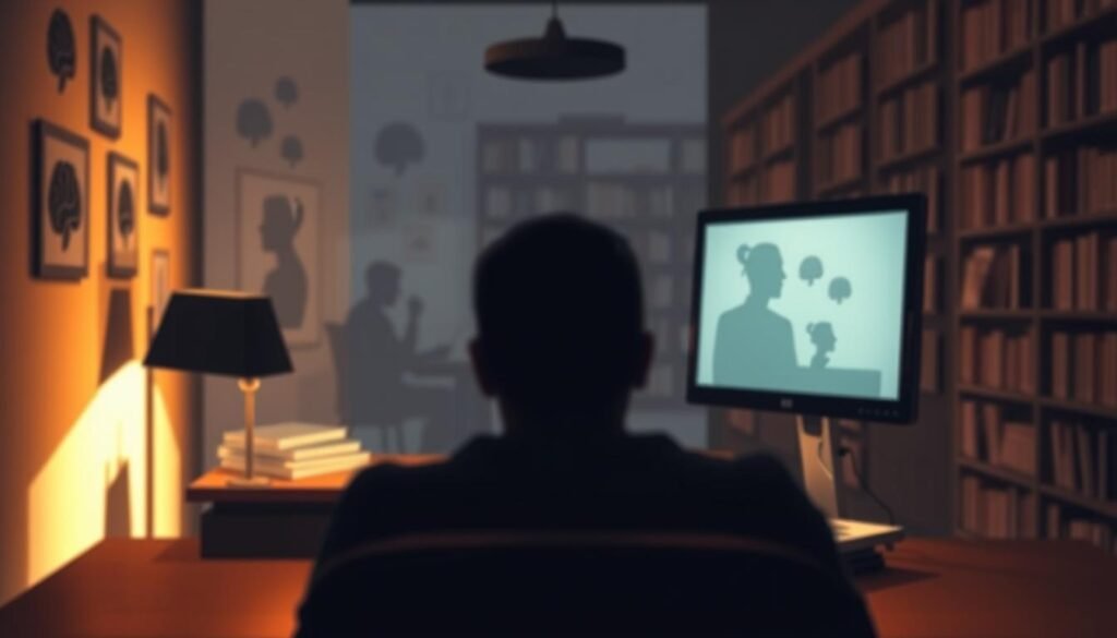 A conceptual illustration of "masked priming" in psychology, featuring a blurred figure of a person sitting at a desk, deeply focused on a computer screen in the foreground. The screen displays faint, abstract images that subtly represent unconscious cues, enhancing the mystery of their influence. In the middle ground, a softly lit room filled with psychological symbols like brain diagrams and shadowy silhouettes, suggesting cognition and perception at play. In the background, a dimly lit library filled with books and soft shadows, creating an atmosphere of introspection and discovery. The lighting is warm yet subdued, casting intriguing shadows to evoke a sense of wonder and depth, captured from a slight angle to provide a dynamic perspective. The mood is contemplative and thought-provoking, inviting viewers to explore the depths of the unconscious mind.