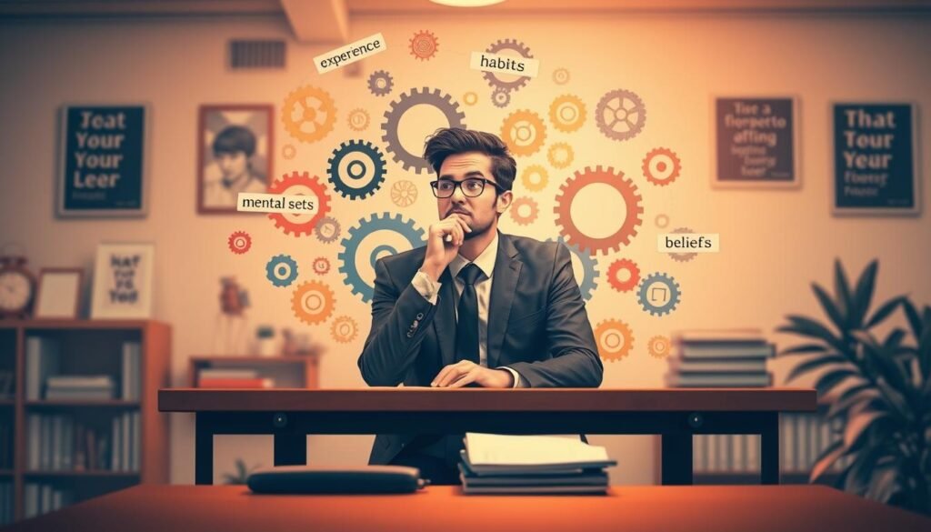 A conceptual illustration of "mental set" in psychology, showcasing a person working at a desk surrounded by a plethora of interconnected gears, symbolizing thought processes and cognitive patterns. The foreground features a professional individual in smart casual attire, deep in thought, presenting a focused expression. The middle ground includes a mix of colorful gears with labels like "experience," "habits," and "beliefs" swirling around the figure, representing the formation of mental sets over time. The background consists of a softly lit, modern workspace with bookshelves and motivational posters. The scene is bathed in warm, inviting lighting, creating a thoughtful and introspective mood, ideal for illustrating mental processes. The angle is slightly above eye-level, emphasizing the figure's engagement with their thoughts and surroundings.