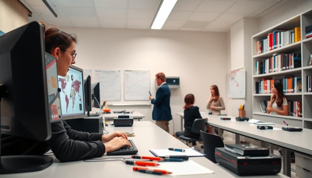 A contemporary laboratory setting, showcasing a psychology researcher engaged in a priming measurement experiment. In the foreground, a focused young woman in a professional attire sits at a desk, interacting with a computer displaying abstract visual cues and stimuli. In the middle ground, various psychological assessment tools like reaction time measurement devices and study participants with pens and notepads can be seen. The background features a bright, well-organized lab with colorful graphs on whiteboards and shelves filled with books on psychology and cognitive science. Soft, diffused lighting creates an inviting atmosphere, emphasizing a sense of exploration and discovery in the field of psychology. The angle is slightly tilted to draw the viewer's eye towards the researcher and her work.