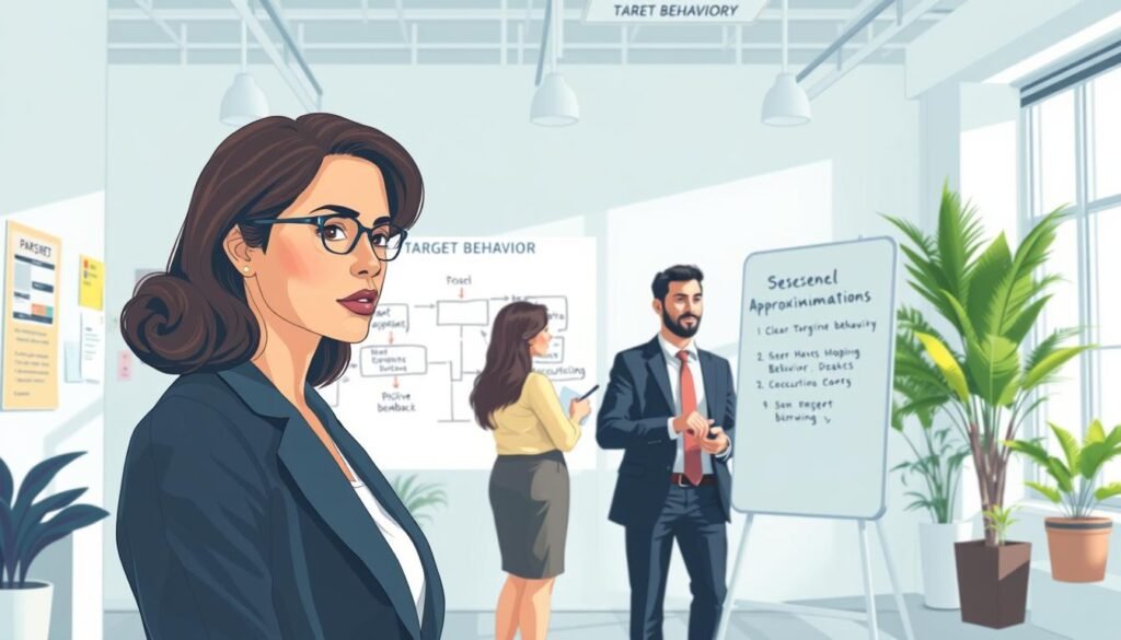 A detailed illustration of "target behavior" in a psychological context, featuring a diverse group of professionals in a bright, modern office setting. In the foreground, a focused woman in business attire observes a series of graphics showing successive approximations, like a flowchart leading to a clear target behavior. In the middle ground, a man in a neat suit writes on a whiteboard, showcasing reinforcement techniques, such as positive feedback. The background reveals an engaging workspace with motivational posters on the walls, natural light filtering through large windows, and plants that add warmth to the atmosphere. The mood is constructive and collaborative, emphasizing learning and growth in psychology. The image should capture clarity and focus on the subject matter without any text overlays or distractions. A detailed illustration of "target behavior" in a psychological context, featuring a diverse group of professionals in a bright, modern office setting. In the foreground, a focused woman in business attire observes a series of graphics showing successive approximations, like a flowchart leading to a clear target behavior. In the middle ground, a man in a neat suit writes on a whiteboard, showcasing reinforcement techniques, such as positive feedback. The background reveals an engaging workspace with motivational posters on the walls, natural light filtering through large windows, and plants that add warmth to the atmosphere. The mood is constructive and collaborative, emphasizing learning and growth in psychology. The image should capture clarity and focus on the subject matter without any text overlays or distractions.