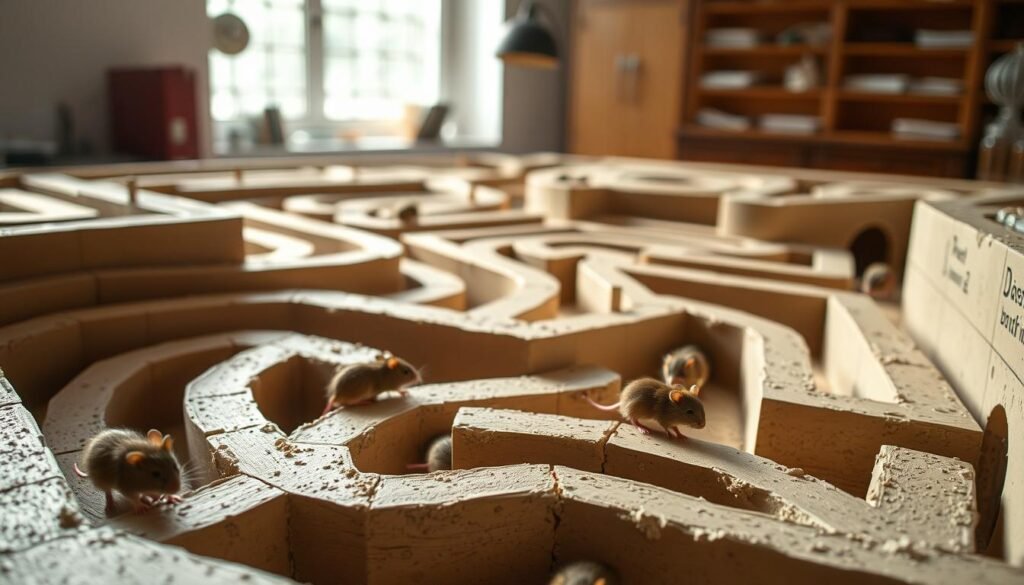 A detailed representation of a classic rat maze, filled with intricate pathways and various obstacles. In the foreground, several small brown and gray rats are actively exploring the maze, their tiny whiskers twitching in curiosity. The middle section features the maze's twists and turns, designed with high walls and hidden corners, casting delicate shadows across the paths. In the background, a soft-focused laboratory setting hints at scientific observation, with muted colors to evoke a sense of study and experimentation. The lighting is warm and natural, simulating sunlight filtering through a nearby window, creating a cozy yet intellectual atmosphere. The overall mood is one of exploration, curiosity, and the quest for knowledge, perfectly reflecting the origins of latent learning in psychology.