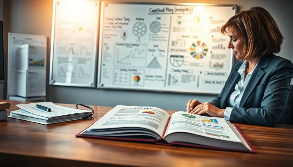 A detailed, visually engaging depiction of a case study in psychology. In the foreground, a professional psychologist, a middle-aged woman in smart business attire, observes a series of colorful charts and graphs spread out on a sleek wooden desk. The middle ground features a large open book titled “Case Studies in Psychology,” showcasing detailed notes and highlighted sections. In the background, a wall-mounted whiteboard filled with diagrams related to psychological theories and case examples is softly lit by warm, diffused natural light coming through a large window, creating a calm and focused atmosphere. The composition should emphasize the analytical nature of case studies, capturing a sense of curiosity and professionalism in a contemporary office setting.