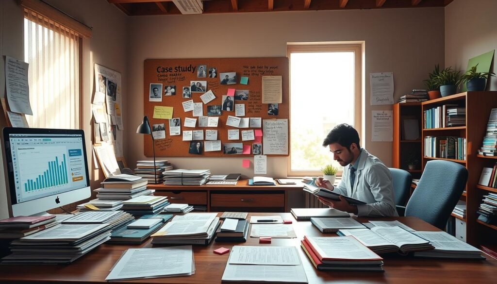A detailed workspace illustrating the concept of case study data in psychology. In the foreground, a large wooden desk filled with organized case files, charts, and a computer displaying data visualization graphs. A psychologist in professional attire is reviewing notes, surrounded by an array of colorful sticky notes and open books about methodology. In the middle, a corkboard is pinned with various photographs, quotes, and handwritten observations about different subjects indicative of triangulation in research. The background features a large window allowing soft natural light to filter in, creating a warm and inviting atmosphere. The setting is calm and scholarly, evoking a sense of rigorous academic inquiry and thoughtful analysis. The item composition should be clear and focused, providing a comprehensive view of case study data collection methods.