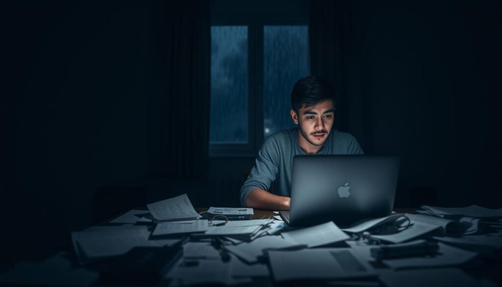 A dimly lit room conveys a sense of isolation, with a single individual in the foreground, seated at a table strewn with cluttered papers and a dimly glowing laptop. The person is dressed in modest casual clothing, their expression pensive and distant, as they gaze at the screen, embodying the struggle of focus in major depressive disorder. In the middle ground, shadows loom from the walls, suggesting an overwhelming sense of pressure and mental clutter. The background features a soft-focus window with rain trickling down, symbolizing somberness and gloom, suggesting a world outside that feels unreachable. The lighting is moody, with a cool color palette to evoke feelings of heaviness and introspection. The overall atmosphere captures the essence of effortful processing breaking down under the weight of depression, aiming for a poignant and relatable visual.
