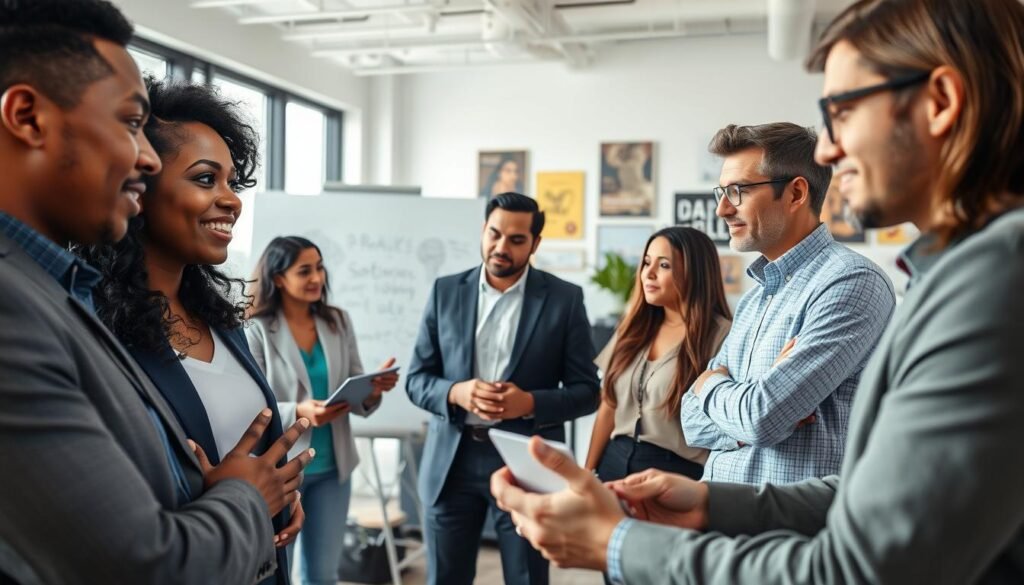 A diverse group of professionals gathered in a modern office setting, engaged in a vibrant discussion about psychology's impact on the workplace. In the foreground, a Black woman and a Hispanic man, both dressed in smart business attire, are animatedly sharing ideas. The middle layer features several other team members, including a South Asian woman taking notes on a laptop and a Caucasian man gesturing towards a whiteboard filled with inspirational psychological concepts. The background showcases a bright, open-plan office with large windows letting in natural light, plants providing a refreshing touch, and motivational posters on the walls. The atmosphere is collaborative and energetic, capturing the essence of human behavior in professional environments, emphasizing teamwork and the relevance of psychology in today’s job market. Use soft lighting to enhance the inviting feel of the space while maintaining a focus on the engaged expressions of the individuals. A diverse group of professionals gathered in a modern office setting, engaged in a vibrant discussion about psychology's impact on the workplace. In the foreground, a Black woman and a Hispanic man, both dressed in smart business attire, are animatedly sharing ideas. The middle layer features several other team members, including a South Asian woman taking notes on a laptop and a Caucasian man gesturing towards a whiteboard filled with inspirational psychological concepts. The background showcases a bright, open-plan office with large windows letting in natural light, plants providing a refreshing touch, and motivational posters on the walls. The atmosphere is collaborative and energetic, capturing the essence of human behavior in professional environments, emphasizing teamwork and the relevance of psychology in today’s job market. Use soft lighting to enhance the inviting feel of the space while maintaining a focus on the engaged expressions of the individuals.