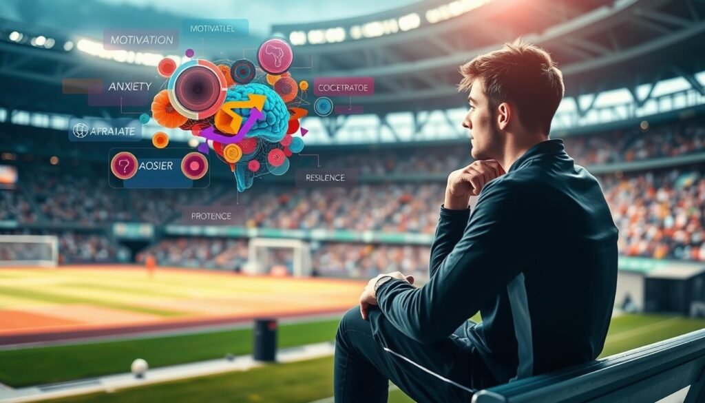 A dynamic visualization of psychological factors in sports performance. In the foreground, a thoughtful athlete in professional sports attire sits on a bench, gazing intently at a sports field, encapsulating focus and determination. The middle ground features layered graphics representing key psychological elements like motivation, anxiety, concentration, and resilience, artistically integrated with vibrant colors and abstract shapes. In the background, a blurred depiction of a busy stadium filled with cheering fans, enhancing the atmosphere of competition and support. Soft, focused lighting highlights the athlete, casting subtle shadows that suggest depth and introspection. The overall mood is one of intense concentration and introspective reflection, conveying the unseen mental battles that influence athletic success.