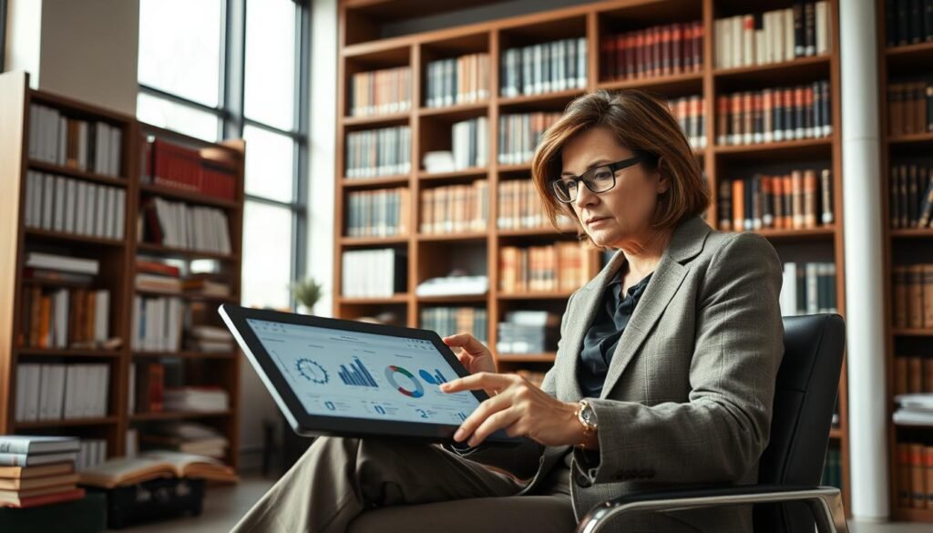 A forensic psychologist seated in a modern office, focused on analyzing psychological data, surrounded by professional books and documents. In the foreground, a well-dressed, middle-aged woman with glasses is looking thoughtfully at a digital tablet, displaying graphs and statistics. Her professional attire is a smart blazer and tailored pants. In the middle ground, a large bookshelf filled with psychology texts and case studies creates an academic atmosphere. In the background, a large window lets in natural light, illuminating the room and casting soft shadows. The mood is contemplative and serious, reflecting the analytical nature of the profession. The composition is captured from a slightly elevated angle to emphasize the work environment, ideal for illustrating the role and importance of forensic psychologists.