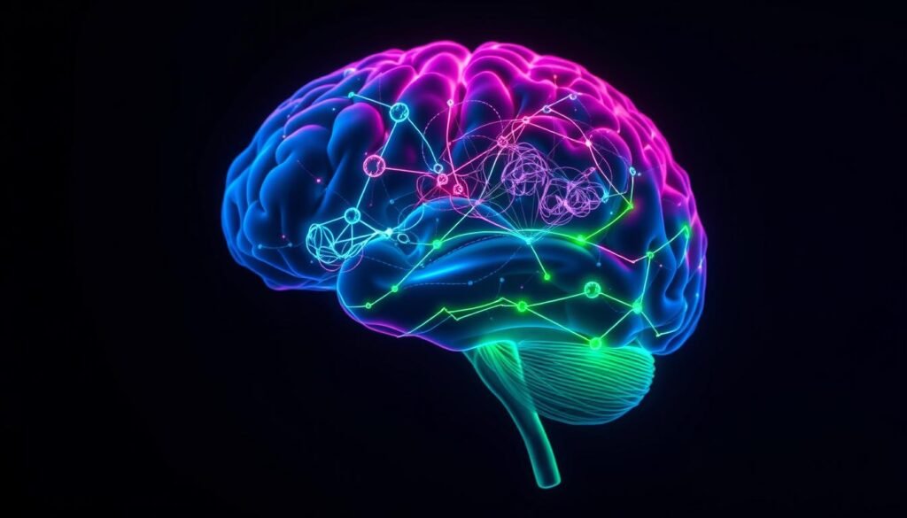 A human brain depicted in vibrant colors, suspended in a dark, immersive background, illustrating the concept of "brain control." In the foreground, visualize intricate neural pathways and synapses glowing with electric blue and neon green hues to convey active brain functions. The middle layer should display intertwined thoughts and memories represented by ephemeral, swirling shapes, suggesting a struggle against proactive interference. The background is a smooth gradient transitioning from deep indigo to black, creating a dramatic contrast that enhances the central imagery. Use soft, ambient lighting to evoke a mysterious yet scientific atmosphere, with a focus on clarity and detail. The composition should capture the complexity and dynamism of brain mechanisms while maintaining a professional and thoughtful tone. A human brain depicted in vibrant colors, suspended in a dark, immersive background, illustrating the concept of "brain control." In the foreground, visualize intricate neural pathways and synapses glowing with electric blue and neon green hues to convey active brain functions. The middle layer should display intertwined thoughts and memories represented by ephemeral, swirling shapes, suggesting a struggle against proactive interference. The background is a smooth gradient transitioning from deep indigo to black, creating a dramatic contrast that enhances the central imagery. Use soft, ambient lighting to evoke a mysterious yet scientific atmosphere, with a focus on clarity and detail. The composition should capture the complexity and dynamism of brain mechanisms while maintaining a professional and thoughtful tone.