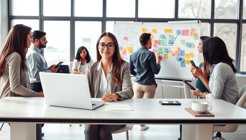 A modern UX design workspace featuring a diverse group of professionals engaged in collaborative discussions. In the foreground, a confident woman in business casual attire sits at a sleek, minimalistic desk with a laptop open, showcasing wireframes and design mockups. The middle layer includes a large whiteboard filled with colorful sticky notes and flowcharts, symbolizing brainstorming sessions. In the background, large windows allow natural light to flood the room, casting soft shadows and creating a welcoming atmosphere. Subtle technology elements, like tablets and smartphones, are scattered throughout, highlighting the tech-savvy environment. The overall mood is vibrant and focused, emphasizing creativity and teamwork in the field of UX design psychology. A modern UX design workspace featuring a diverse group of professionals engaged in collaborative discussions. In the foreground, a confident woman in business casual attire sits at a sleek, minimalistic desk with a laptop open, showcasing wireframes and design mockups. The middle layer includes a large whiteboard filled with colorful sticky notes and flowcharts, symbolizing brainstorming sessions. In the background, large windows allow natural light to flood the room, casting soft shadows and creating a welcoming atmosphere. Subtle technology elements, like tablets and smartphones, are scattered throughout, highlighting the tech-savvy environment. The overall mood is vibrant and focused, emphasizing creativity and teamwork in the field of UX design psychology.