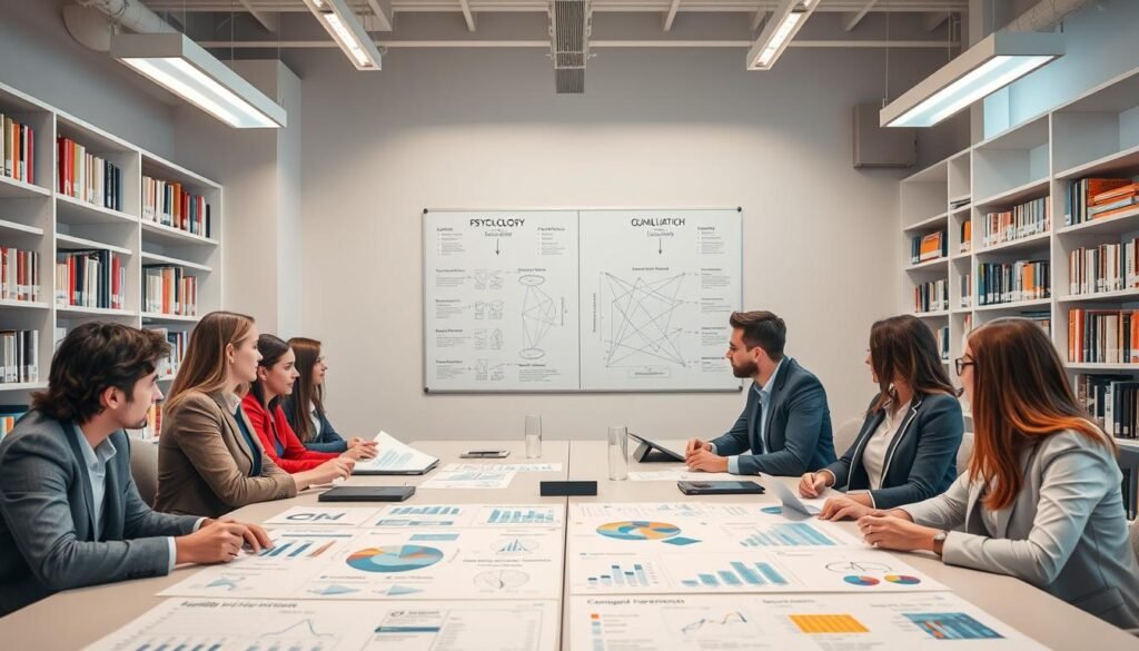 A modern research laboratory featuring a harmonious blend of psychology and sociology elements. In the foreground, a diverse group of professionals in business attire are engaged in discussion around a large conference table, filled with charts and data visualizations illustrating different research methods. In the middle, a whiteboard displays complex diagrams comparing qualitative and quantitative approaches, showcasing concepts like interviews, surveys, and statistical analysis. The background reveals shelves lined with academic books and journals focused on sociology and psychology. Soft, diffused lighting creates an inviting atmosphere, emphasizing collaboration and innovation. A wide-angle perspective captures the energy of the scene, portraying a dynamic intersection of ideas and methodologies.