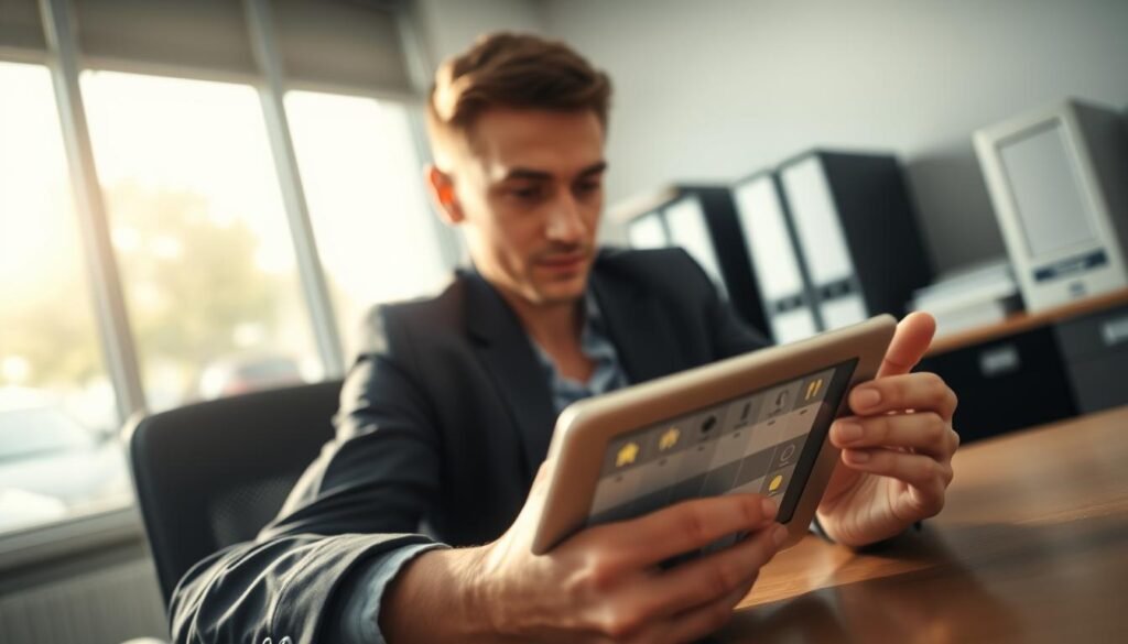 A person in professional attire sits at a desk in an office setting, with a focused expression on their face as they engage with a partially filled rewards chart on a digital tablet. The foreground shows the tablet displaying a series of reward icons, some lit up to indicate completion, while others remain gray, hinting at incomplete behaviors. In the middle background, there’s a window showing a bright day outside, symbolizing hope and persistence, with sunlight casting soft shadows on the desk. The office is organized, emphasizing a calm and analytical atmosphere. The overall mood is one of contemplation and determination, illustrating the concept of partial reinforcement leading to persistence in behavior. Lighting is warm and inviting, captured from an angle that highlights the person's engaged expression. A person in professional attire sits at a desk in an office setting, with a focused expression on their face as they engage with a partially filled rewards chart on a digital tablet. The foreground shows the tablet displaying a series of reward icons, some lit up to indicate completion, while others remain gray, hinting at incomplete behaviors. In the middle background, there’s a window showing a bright day outside, symbolizing hope and persistence, with sunlight casting soft shadows on the desk. The office is organized, emphasizing a calm and analytical atmosphere. The overall mood is one of contemplation and determination, illustrating the concept of partial reinforcement leading to persistence in behavior. Lighting is warm and inviting, captured from an angle that highlights the person's engaged expression.
