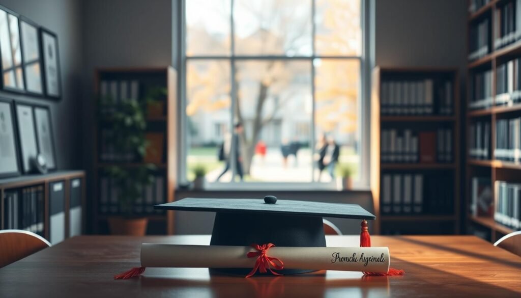 A professional interior study room, showcasing a wooden desk with a graduation cap and diploma prominently displayed in the foreground. Lighting is soft and warm, creating a welcoming atmosphere. In the middle, shelves lined with psychology textbooks and framed certificates reflect a scholarly environment. Visible through a window in the background, a serene campus scene with students walking and trees shedding autumn leaves, adds depth to the image. The overall mood is one of ambition and achievement, symbolizing the educational pathways to becoming a forensic psychologist. A focused perspective captures the details of the room, highlighting the importance of education in this field.