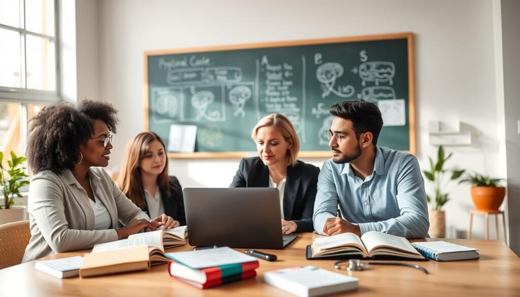 A professional, modern clinical training environment inside a well-lit psychology classroom. In the foreground, two diverse graduate students, a Black woman and a Caucasian man, are engaged in a discussion while reviewing case studies on a table filled with books and laptops. Their attire is smart casual, reflecting a serious academic atmosphere. In the middle ground, a chalkboard displays psychological theories and diagrams, with clinical tools like a stethoscope and notepads scattered around. In the background, a window allows natural light to illuminate the space, with plants adding a touch of warmth. The overall mood is focused and collaborative, embodying the essence of training for a doctoral internship year in psychology. A professional, modern clinical training environment inside a well-lit psychology classroom. In the foreground, two diverse graduate students, a Black woman and a Caucasian man, are engaged in a discussion while reviewing case studies on a table filled with books and laptops. Their attire is smart casual, reflecting a serious academic atmosphere. In the middle ground, a chalkboard displays psychological theories and diagrams, with clinical tools like a stethoscope and notepads scattered around. In the background, a window allows natural light to illuminate the space, with plants adding a touch of warmth. The overall mood is focused and collaborative, embodying the essence of training for a doctoral internship year in psychology.