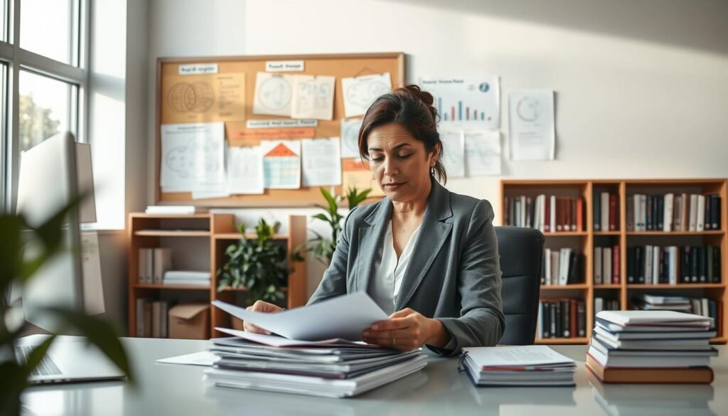 A professional psychologist in a modern, well-lit office, seated at a sleek desk, thoughtfully analyzing a stack of research papers on abnormal psychology. The foreground includes the psychologist, a middle-aged Hispanic woman in a smart blazer, intently reviewing documents. In the middle, a corkboard displays various diagrams and models illustrating major psychological theories, like cognitive-behavioral and psychodynamic approaches. The background features a bookshelf filled with psychology textbooks and journals, alongside a potted plant for warmth. Soft, natural light filters through large windows, creating an inviting atmosphere that reflects a serious yet engaging mood, while a slight depth of field focuses attention on the psychologist and the research materials.