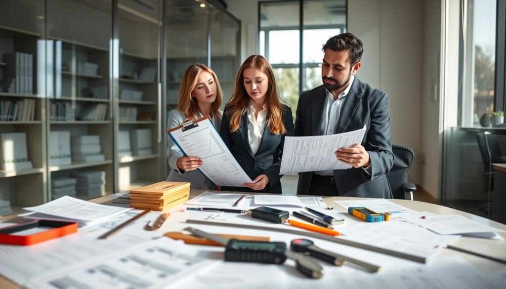 A professional setting focused on the concept of measurement in psychology. In the foreground, a diverse group of three individuals in business attire, two females and one male, are intently discussing data on a large clipboard filled with diagrams and graphs. In the middle ground, a table displays various measurement tools like rulers, calipers, and digital devices, surrounded by scattered papers covered in notes and statistics. In the background, a glass wall showcases a calm office environment with shelves of psychology books, and a window revealing a bright, sunny day. Soft, natural lighting filters through, casting gentle shadows, creating a focused, collaborative atmosphere that embodies the determination to select the right measurement method. The angle is slightly elevated, providing a clear view of both the individuals and the measurement tools.
