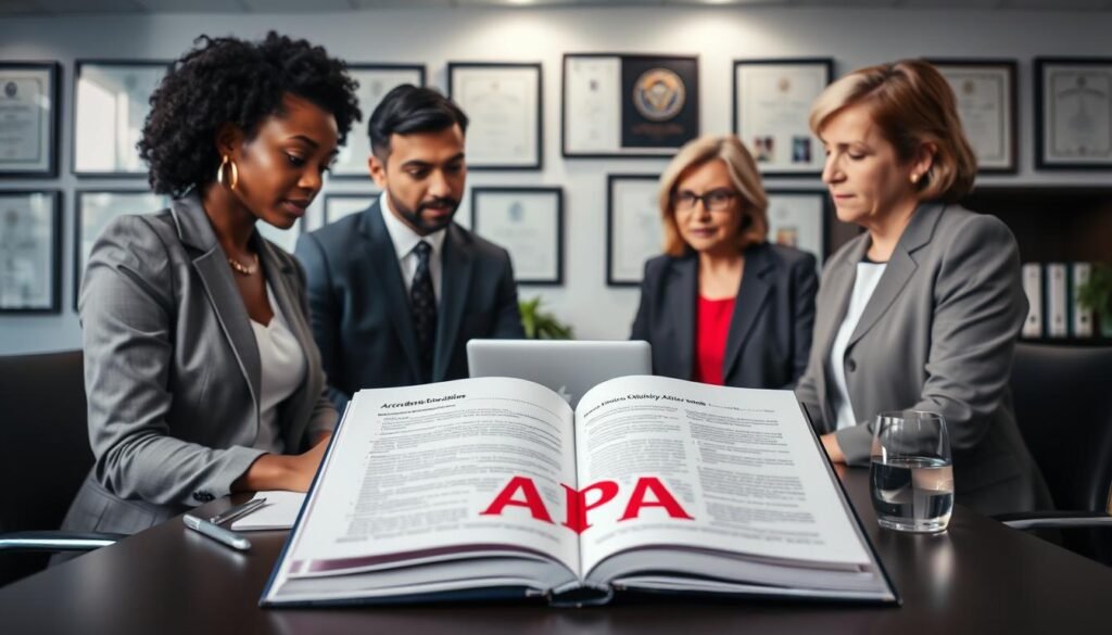 A professional setting highlighting the concept of the American Psychological Association (APA) accreditation. In the foreground, a diverse group of three professionals in business attire: a middle-aged Black woman, a young Hispanic man, and a mature white woman, engaged in a discussion around an open book showcasing the APA logo and guidelines. In the middle, a neatly arranged conference table with documents, a laptop, and a glass of water. In the background, a well-lit office environment with academic degrees and certificates framed on the walls, reflecting a sense of scholarly achievement. The lighting is soft yet bright, creating an inviting atmosphere that conveys professionalism and focus, emphasizing the importance of accreditation in psychology education. A professional setting highlighting the concept of the American Psychological Association (APA) accreditation. In the foreground, a diverse group of three professionals in business attire: a middle-aged Black woman, a young Hispanic man, and a mature white woman, engaged in a discussion around an open book showcasing the APA logo and guidelines. In the middle, a neatly arranged conference table with documents, a laptop, and a glass of water. In the background, a well-lit office environment with academic degrees and certificates framed on the walls, reflecting a sense of scholarly achievement. The lighting is soft yet bright, creating an inviting atmosphere that conveys professionalism and focus, emphasizing the importance of accreditation in psychology education.