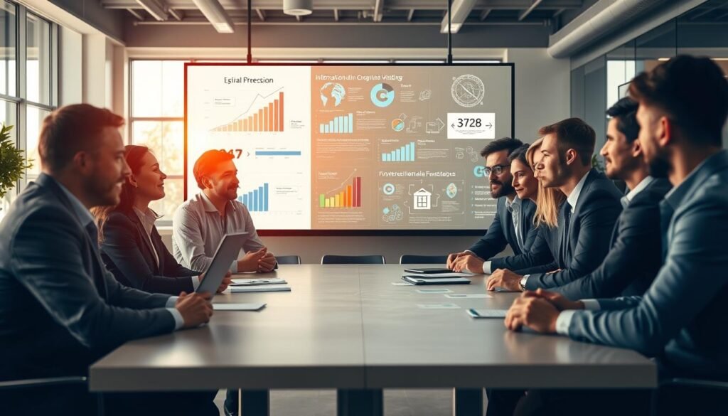 A professional workspace focused on the theme of attention and information processing. In the foreground, a diverse group of individuals in professional attire are gathered around a modern conference table, fully engaged in discussion, with expressions of concentration and curiosity. In the middle ground, a large digital screen displays dynamic infographics and data visualizations, featuring graphs and flowcharts symbolizing information processing. The background shows a bright, airy office environment with large windows letting in natural light, creating a vibrant atmosphere. The overall lighting is warm and inviting, enhancing focus and clarity. The perspective is slightly elevated, capturing the group and the screen in a way that emphasizes collaboration and effortful engagement with information.