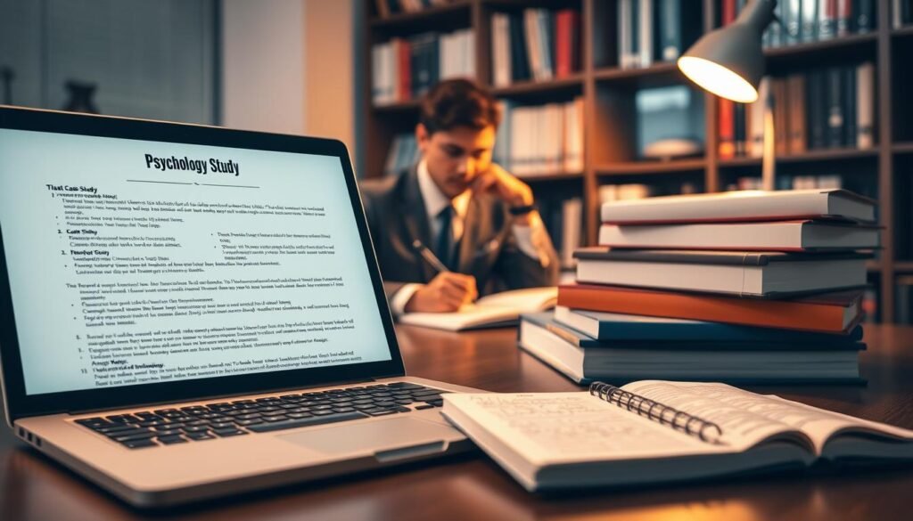 A professional workspace setting that illustrates the process of writing a psychology case study. In the foreground, an open laptop with a well-organized document titled "Case Study" featuring bullet points and research notes. Next to it, a stack of psychology textbooks and a notepad filled with handwritten notes. The middle ground includes a thoughtful individual, dressed in professional business attire, engaged in writing, while referencing the textbooks. A soft, warm light illuminates the scene from a nearby desk lamp, casting gentle shadows, creating a cozy atmosphere. In the background, bookshelves filled with psychology literature enhance the academic tone of the setting. The overall mood is focused and introspective, emphasizing diligence and clarity in academic work.