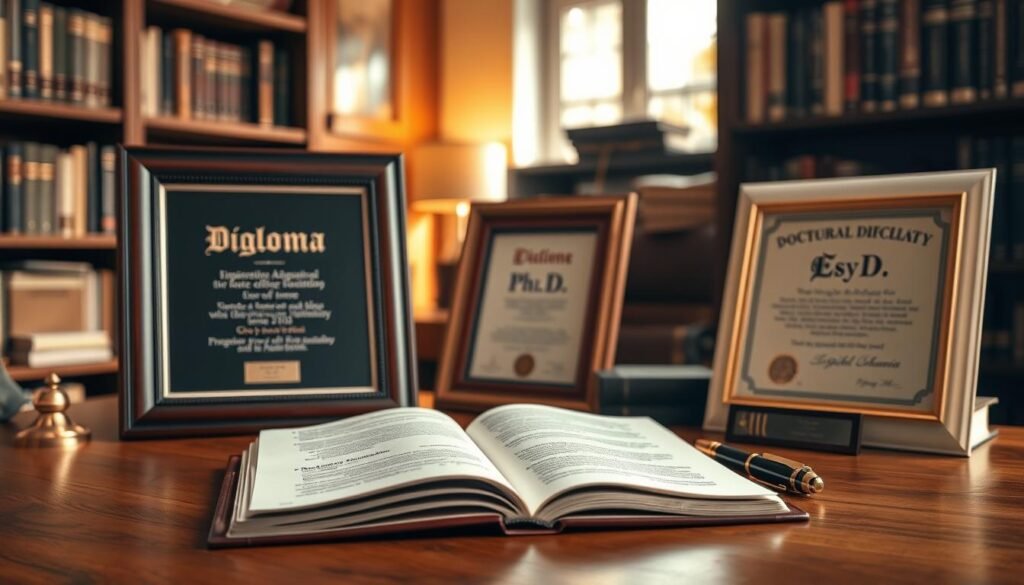 A scholarly setting showcasing various doctoral degrees in psychology, prominently featuring a Ph.D. diploma in a dark wooden frame, a Psy.D. degree in an elegant gold frame, and an Ed.D. certificate displayed on a polished wooden desk. In the foreground, an open book with pages fluttering in an invisible breeze lies next to a pen, symbolizing academic pursuit. The middle ground includes a stylish bookshelf filled with psychology textbooks and journals, creating an academic ambiance. The background reveals a softly lit, cozy study with warm light filtering through a window, casting gentle shadows. The overall mood is inspiring and intellectual, evoking a sense of dedication and achievement in higher education. The scene is set with a shallow depth of field, emphasizing the diplomas while blurring the background slightly, enhancing the focus on the academic degrees. A scholarly setting showcasing various doctoral degrees in psychology, prominently featuring a Ph.D. diploma in a dark wooden frame, a Psy.D. degree in an elegant gold frame, and an Ed.D. certificate displayed on a polished wooden desk. In the foreground, an open book with pages fluttering in an invisible breeze lies next to a pen, symbolizing academic pursuit. The middle ground includes a stylish bookshelf filled with psychology textbooks and journals, creating an academic ambiance. The background reveals a softly lit, cozy study with warm light filtering through a window, casting gentle shadows. The overall mood is inspiring and intellectual, evoking a sense of dedication and achievement in higher education. The scene is set with a shallow depth of field, emphasizing the diplomas while blurring the background slightly, enhancing the focus on the academic degrees.
