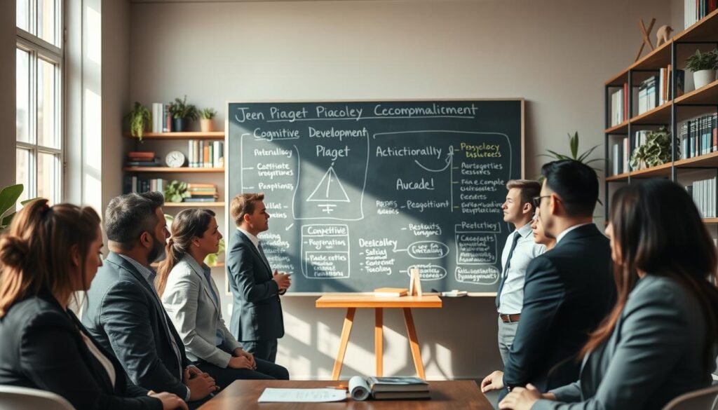 A serene academic setting illustrating the concept of accommodation in psychology. Foreground features a diverse group of professionals engaged in a collaborative discussion, dressed in smart business attire, showcasing deep focus and interaction. The middle ground depicts a large, chalkboard with diagrams of Jean Piaget’s cognitive development theories, highlighted with colorful markers. In the background, shelves filled with psychology books and plants create a warm, inviting atmosphere. Soft natural light filters through large windows, casting gentle shadows, creating a contemplative mood. The image should be captured with a shallow depth of field to emphasize the professionals while softly blurring the background, enhancing the sense of a focused learning environment. A serene academic setting illustrating the concept of accommodation in psychology. Foreground features a diverse group of professionals engaged in a collaborative discussion, dressed in smart business attire, showcasing deep focus and interaction. The middle ground depicts a large, chalkboard with diagrams of Jean Piaget’s cognitive development theories, highlighted with colorful markers. In the background, shelves filled with psychology books and plants create a warm, inviting atmosphere. Soft natural light filters through large windows, casting gentle shadows, creating a contemplative mood. The image should be captured with a shallow depth of field to emphasize the professionals while softly blurring the background, enhancing the sense of a focused learning environment.