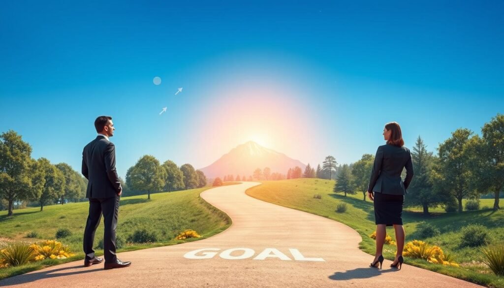 A serene and inspiring scene depicting the concept of "goal" in a psychological context. In the foreground, a diverse group of three individuals—two men and one woman, dressed in professional business attire—stand on a winding path symbolizing a journey, each focused on a distant, bright mountain peak that represents their goals. In the middle ground, a lush landscape unfolds with flourishing trees and motivational symbols such as arrows and stars signifying progress. The background features a clear blue sky illuminated by warm sunlight, creating an uplifting atmosphere. The perspective is slightly elevated to capture the expansive view of the path and the mountain ahead, suggesting hope and the potential for lasting behavior change. The mood is positive and encouraging, evoking a sense of determination and ambition. A serene and inspiring scene depicting the concept of "goal" in a psychological context. In the foreground, a diverse group of three individuals—two men and one woman, dressed in professional business attire—stand on a winding path symbolizing a journey, each focused on a distant, bright mountain peak that represents their goals. In the middle ground, a lush landscape unfolds with flourishing trees and motivational symbols such as arrows and stars signifying progress. The background features a clear blue sky illuminated by warm sunlight, creating an uplifting atmosphere. The perspective is slightly elevated to capture the expansive view of the path and the mountain ahead, suggesting hope and the potential for lasting behavior change. The mood is positive and encouraging, evoking a sense of determination and ambition.