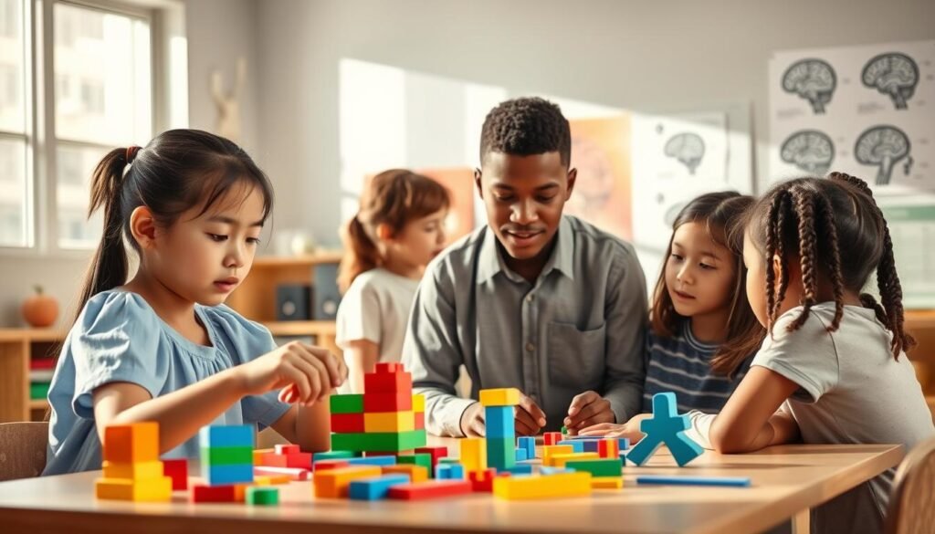 A serene classroom setting depicting a diverse group of children engaged in cognitive activities, illustrating "accommodation" as a psychological concept. In the foreground, a focused girl of Asian descent, wearing a light blue blouse, is rearranging colorful building blocks. The middle layer features a boy of African descent, in a smart casual shirt, explaining his thought process to his peers as they gather around a table filled with educational tools. In the background, bright windows let in soft natural light, casting gentle shadows. The environment is organized, with posters of brain diagrams and stages of cognitive development on the walls. The mood is collaborative and inspiring, emphasizing growth and understanding in cognitive psychology. The composition captures a candid moment in an engaging learning experience, focusing on teamwork and intellectual curiosity. A serene classroom setting depicting a diverse group of children engaged in cognitive activities, illustrating "accommodation" as a psychological concept. In the foreground, a focused girl of Asian descent, wearing a light blue blouse, is rearranging colorful building blocks. The middle layer features a boy of African descent, in a smart casual shirt, explaining his thought process to his peers as they gather around a table filled with educational tools. In the background, bright windows let in soft natural light, casting gentle shadows. The environment is organized, with posters of brain diagrams and stages of cognitive development on the walls. The mood is collaborative and inspiring, emphasizing growth and understanding in cognitive psychology. The composition captures a candid moment in an engaging learning experience, focusing on teamwork and intellectual curiosity.