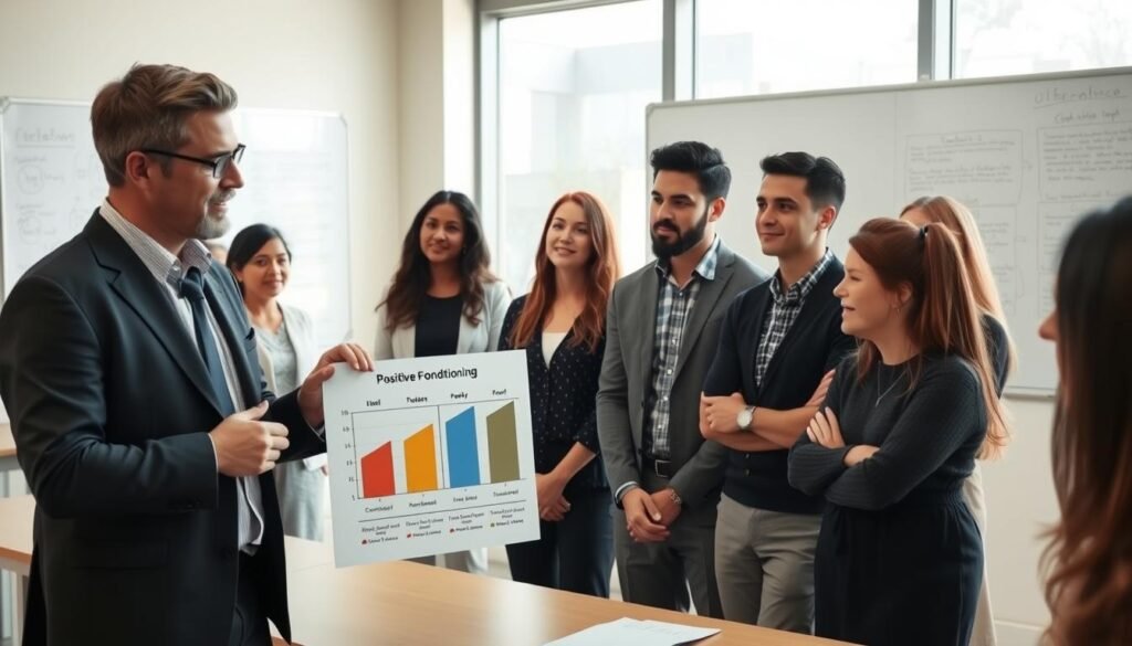 A serene classroom setting featuring a diverse group of professionals, engaged in the process of shaping behavior through operant conditioning techniques. In the foreground, a facilitator, dressed in smart casual attire, demonstrates the use of positive reinforcement with a chart displaying gradual behavior changes. The middle ground showcases individuals attentively observing, with subtle expressions of curiosity and understanding. The background reveals a whiteboard filled with diagrams and notes on operant conditioning principles. Soft, natural lighting filters in through large windows, creating a warm and inviting atmosphere. The camera angle is slightly tilted downward, emphasizing the interaction within the group while maintaining a clear focus on the facilitator’s demonstration. The overall mood is educational and encouraging, reflecting a supportive learning environment. A serene classroom setting featuring a diverse group of professionals, engaged in the process of shaping behavior through operant conditioning techniques. In the foreground, a facilitator, dressed in smart casual attire, demonstrates the use of positive reinforcement with a chart displaying gradual behavior changes. The middle ground showcases individuals attentively observing, with subtle expressions of curiosity and understanding. The background reveals a whiteboard filled with diagrams and notes on operant conditioning principles. Soft, natural lighting filters in through large windows, creating a warm and inviting atmosphere. The camera angle is slightly tilted downward, emphasizing the interaction within the group while maintaining a clear focus on the facilitator’s demonstration. The overall mood is educational and encouraging, reflecting a supportive learning environment.