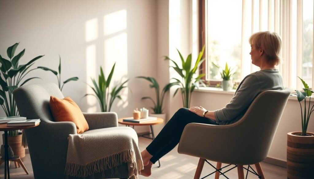 A serene indoor therapist's office, emphasizing calm and comfort. In the foreground, a cozy armchair with a soft throw and a small table displaying a few mental health books. The middle layer features a peaceful figure, a woman in professional attire, engaging in a thoughtful conversation with a client seated across from her, both displaying expressions of understanding and empathy. The background showcases warm, natural lighting streaming in through a large window, with indoor plants adding a touch of nature. The atmosphere is tranquil and reassuring, reflecting a safe space for discussing mental health. Soft shadows and gentle colors enhance the mood, creating a welcoming and supportive environment for mental well-being.