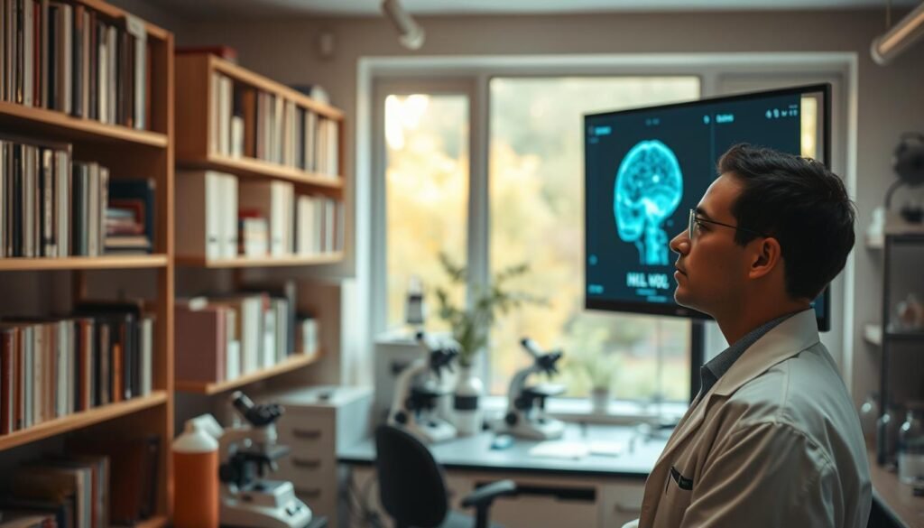 A serene laboratory setting focused on the intersection of psychology and natural sciences. In the foreground, a researcher in a white lab coat, looking thoughtful, observes a brain scan displayed on a sleek monitor. In the middle ground, shelves filled with books on neuroscience and psychology, alongside laboratory equipment like microscopes and Petri dishes. The background showcases a large window letting in soft natural light, revealing a tranquil garden. The atmosphere is intellectual and contemplative, with warm tones and a slight glow from the monitor casting gentle light on the researcher’s face. The camera angle is slightly tilted, adding depth to the scene, capturing the essence of exploration and inquiry in the natural sciences.