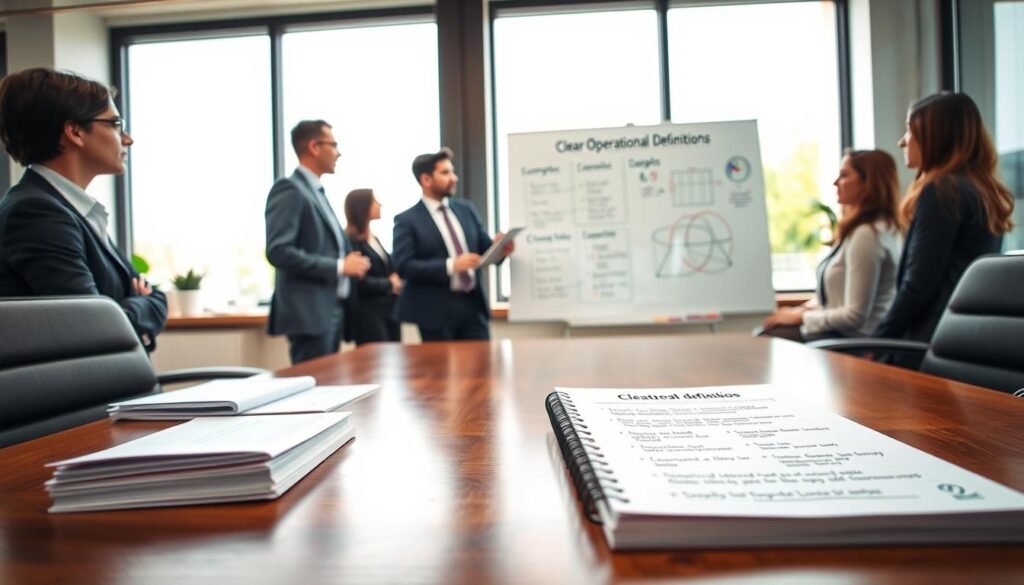 A serene office setting showcasing the concept of "clear operational definition" in psychology. In the foreground, a polished wooden table holds neatly organized documents and a notepad with clear bullet points illustrating operational definitions. The middle layer features a diverse group of three individuals in professional business attire, discussing ideas animatedly while referencing a whiteboard filled with diagrams and examples of operational definitions. In the background, large windows allow soft natural light to flood the room, enhancing a collaborative and focused atmosphere. The angle is slightly elevated, capturing both the engaged individuals and the well-structured workspace, conveying clarity, professionalism, and an environment conducive to precise thought.