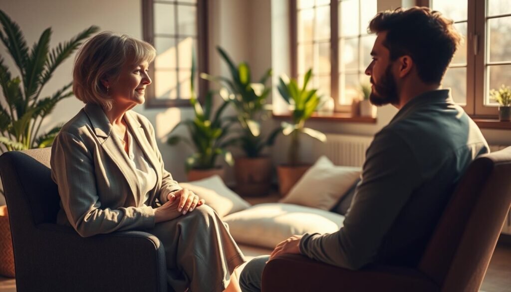 A serene therapy session room depicting humanistic therapy in practice. In the foreground, a compassionate therapist, a middle-aged woman in professional attire, sits in a comfortable chair, attentively listening to her client, a young man in modest casual clothing. The middle ground features a cozy, inviting space with plants and soft cushions, enhancing a sense of safety and openness. In the background, warm natural light streams through large windows, casting gentle shadows across the room, creating a calming atmosphere. The overall mood is empathic and nurturing, highlighting the essence of client-centered therapy, as they engage in a deep, meaningful conversation. The angle captures an intimate view of the interaction, focusing on their expressions and the supportive environment. A serene therapy session room depicting humanistic therapy in practice. In the foreground, a compassionate therapist, a middle-aged woman in professional attire, sits in a comfortable chair, attentively listening to her client, a young man in modest casual clothing. The middle ground features a cozy, inviting space with plants and soft cushions, enhancing a sense of safety and openness. In the background, warm natural light streams through large windows, casting gentle shadows across the room, creating a calming atmosphere. The overall mood is empathic and nurturing, highlighting the essence of client-centered therapy, as they engage in a deep, meaningful conversation. The angle captures an intimate view of the interaction, focusing on their expressions and the supportive environment.