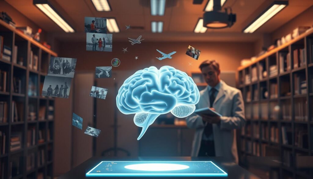 A surreal depiction of episodic memory in a research lab setting. In the foreground, an open brain-shaped hologram emits soft, glowing light, representing the concept of memory encoding. Ethereal images of past events—family gatherings, travel experiences, and childhood moments—float around the hologram. In the middle ground, a scientist in professional attire observes the hologram, deep in thought, as they take notes. The background features a dimly lit lab filled with bookshelves and advanced technology, creating a sense of discovery and exploration. Soft, warm lighting enhances the mood of curiosity and introspection, while a slight lens blur on the edges brings focus to the central elements of memory and cognition. The overall atmosphere is thought-provoking and imaginative, symbolizing the complexity of how memories are formed and change over time.