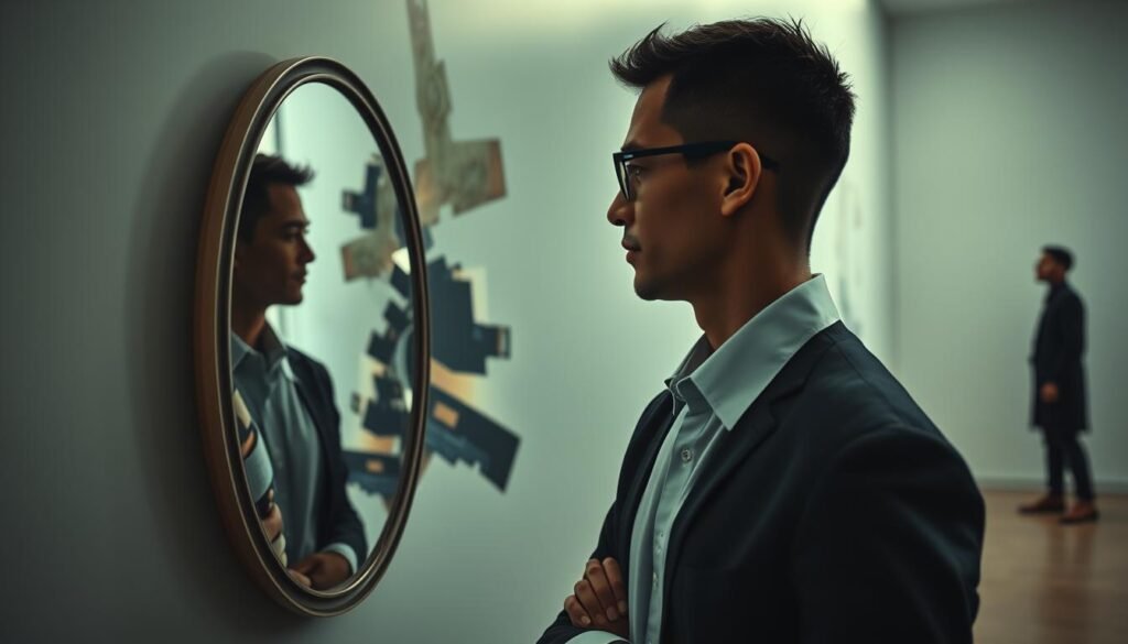 A surreal representation of "abnormality" in psychology, featuring a professional individual in smart casual attire gazing thoughtfully at a distorted mirror, symbolizing self-perception. In the foreground, the mirror reflects warped images, creating a sense of confusion and complexity. The middle ground displays abstract shapes and colors blending together, with a gentle gradient to emphasize the chaos of defining abnormality. In the background, a blurred figure stands in shadow, representing societal norms. Soft, ethereal lighting sets a contemplative mood, creating an atmosphere of introspection and uncertainty. An angled perspective adds depth, drawing the viewer into this intricate visual exploration of psychological concepts.