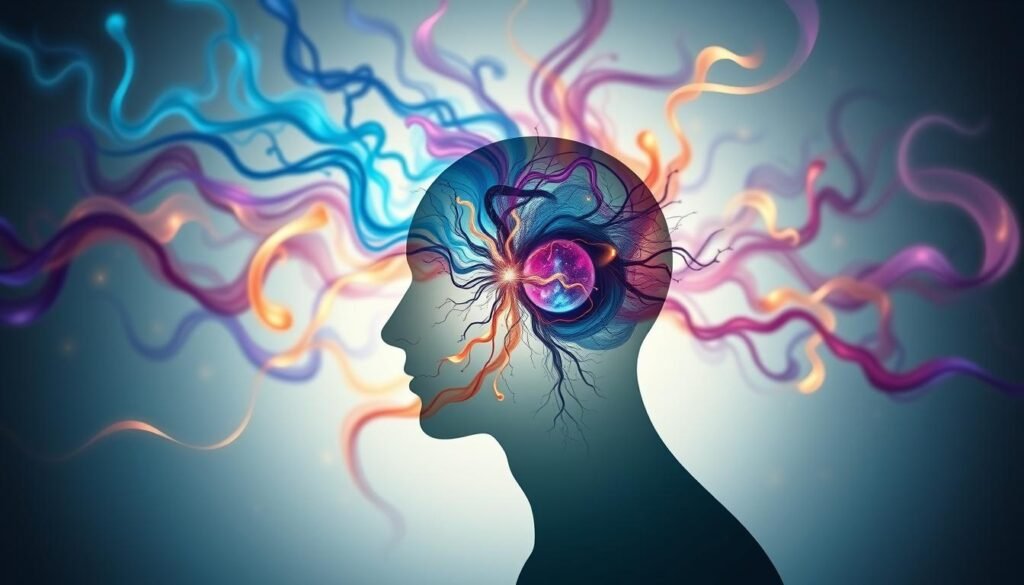 A surreal representation of "conscious experience" depicted through an abstract human silhouette surrounded by a colorful, flowing stream of thoughts and emotions. In the foreground, the silhouette is semi-transparent, showing intricate neural connections and brain activity. The middle layer features swirling patterns of vibrant colors—blues, purples, and golds—symbolizing various mental states and experiences, intertwining and blending harmoniously. The background is a soft, ethereal light that suggests depth and infinity, resembling a dreamlike atmosphere. The overall mood should evoke contemplation and exploration, with gentle, diffused lighting that enhances the sense of introspection and wonder. Use a wide-angle lens perspective to create an immersive experience, inviting viewers to delve into the complexity of human consciousness.