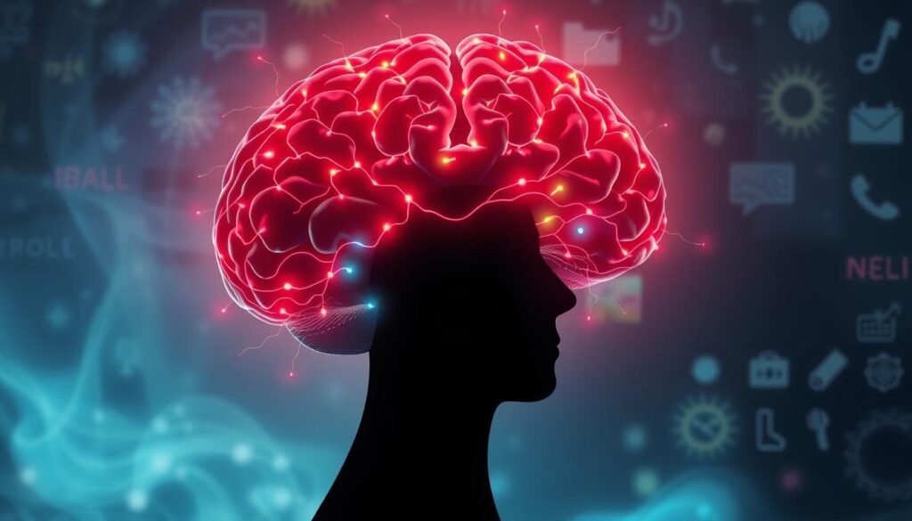 A surreal representation of "priming" in psychology, featuring a brain at the forefront, intricately designed with glowing neural pathways. In the middle, a silhouette of a person, their mind illuminated with bright colors signifying thought and memory activation. The background displays abstract shapes and images, such as everyday objects and scenes symbolizing various concepts, subtly blending into a dreamlike atmosphere. Soft, ethereal lighting casts gentle highlights, creating a sense of depth and intrigue. The angle is slightly tilted to evoke a feeling of dynamic movement, as if ideas are flowing through the mind. Overall, the mood is thought-provoking and imaginative, inviting viewers to explore the complexities of how priming works in the mind and brain.