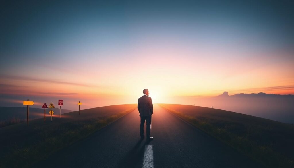 A surreal representation of the ego decision-making self, depicted as a contemplative figure standing at a crossroads. In the foreground, the figure, dressed in professional business attire, gazes thoughtfully at two divergent paths illuminated by soft, warm light. The middle ground features a symbolic landscape: one path is lined with vibrant, colorful signs of opportunity, while the other is shrouded in shadow, representing obstacles and fear. In the background, a serene sky transitions from daylight to twilight, symbolizing the passing of time and inner conflict. The atmosphere is reflective and introspective, inviting viewers to consider the complexities of ego and decision-making. Use a wide-angle lens to enhance depth, with gentle lighting creating a calm yet thought-provoking mood. A surreal representation of the ego decision-making self, depicted as a contemplative figure standing at a crossroads. In the foreground, the figure, dressed in professional business attire, gazes thoughtfully at two divergent paths illuminated by soft, warm light. The middle ground features a symbolic landscape: one path is lined with vibrant, colorful signs of opportunity, while the other is shrouded in shadow, representing obstacles and fear. In the background, a serene sky transitions from daylight to twilight, symbolizing the passing of time and inner conflict. The atmosphere is reflective and introspective, inviting viewers to consider the complexities of ego and decision-making. Use a wide-angle lens to enhance depth, with gentle lighting creating a calm yet thought-provoking mood.