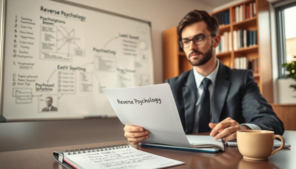 A thoughtful office setting featuring a professional person, dressed in smart business attire, sitting at a sleek desk, looking at a document titled "Reverse Psychology" with a curious expression. In the foreground, a notepad with handwritten notes on reverse psychology is visible, along with a coffee cup. The middle layer showcases a whiteboard filled with diagrams illustrating psychological concepts and strategies. In the background, a soft-focus bookshelf filled with psychology-related books creates a scholarly atmosphere. The lighting is warm and inviting, streaming through a window to create an uplifting mood, while the camera angle is slightly above eye level, giving a perspective that invites viewers to engage with the scene.