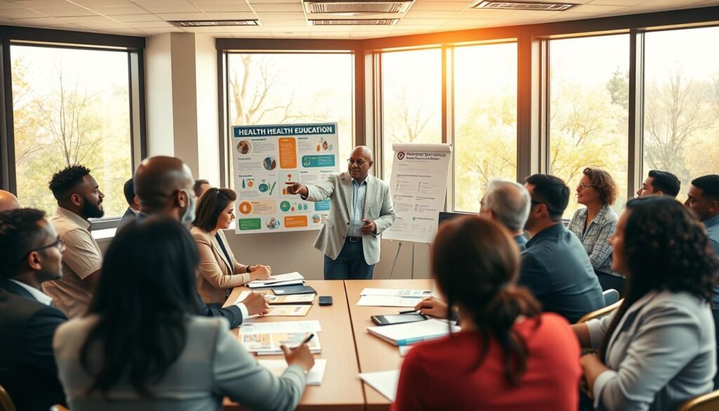 A vibrant community health education scene in a modern classroom. Foreground: a diverse group of individuals, including men and women of various ethnicities, seated at tables, actively engaging with health education materials. They are dressed in professional business attire or smart casual clothing. Middle ground: a knowledgeable instructor, pointing to a colorful poster illustrating health statistics and wellness tips, with a digital projector displaying engaging visuals. Background: large windows letting in warm, natural light, showing trees and a clear sky, reinforcing a sense of community and optimism. The atmosphere is collaborative and inspiring, highlighting the pursuit of knowledge and the importance of health education in community settings. Soft focus effect to accentuate the participants' expressions of interest and engagement. A vibrant community health education scene in a modern classroom. Foreground: a diverse group of individuals, including men and women of various ethnicities, seated at tables, actively engaging with health education materials. They are dressed in professional business attire or smart casual clothing. Middle ground: a knowledgeable instructor, pointing to a colorful poster illustrating health statistics and wellness tips, with a digital projector displaying engaging visuals. Background: large windows letting in warm, natural light, showing trees and a clear sky, reinforcing a sense of community and optimism. The atmosphere is collaborative and inspiring, highlighting the pursuit of knowledge and the importance of health education in community settings. Soft focus effect to accentuate the participants' expressions of interest and engagement.