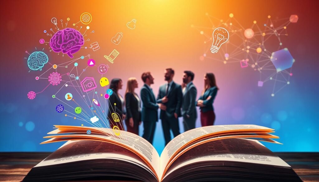 A vibrant, conceptual representation of "semantic memory" illustrating the types of encoding in psychology. In the foreground, an open book with floating iconic symbols (like a brain, lightbulb, and abstract representations of different memories) emanates from its pages. The middle ground features a diverse group of professionals in business attire engaging in deep discussion, surrounded by swirling, colorful data streams that represent the flow of information and encoding processes. In the background, a gradient of soft, warm colors symbolizes an inviting atmosphere of knowledge and learning, with abstract shapes resembling neural networks. Bright, focused lighting casts gentle shadows, enhancing the layered depth of the scene. The overall mood is one of inspiration and intellectual curiosity, inviting viewers to explore the intricacies of memory encoding.