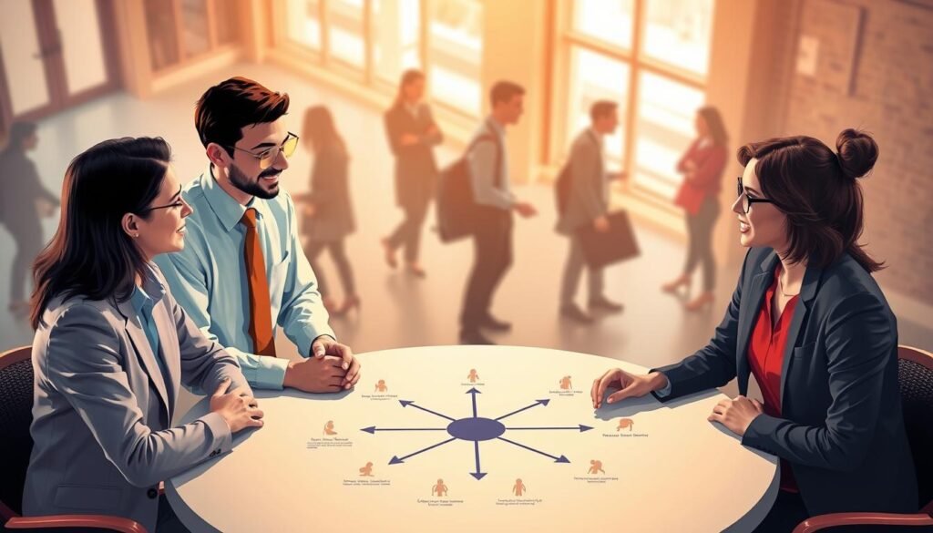 A vibrant, illustrative scene showcasing the intersection of social psychology, psychology, and sociology. In the foreground, a diverse group of four professionals, two men and two women, engaged in animated discussion at a round table, dressed in smart business attire. They embody different facets of human interaction: empathy, communication, and observation. The middle section features a diagram or visual representation of theories linking these disciplines, such as social influence and group dynamics, subtly incorporated into the table surface. In the background, soft, diffused lighting cast a warm glow to evoke a collaborative atmosphere, while blurred silhouettes of students in a university setting hint at academic engagement. The overall mood is contemplative yet lively, reflecting the dynamic nature of human behavior. Camera angle is slightly elevated, giving a comprehensive view of the interaction.