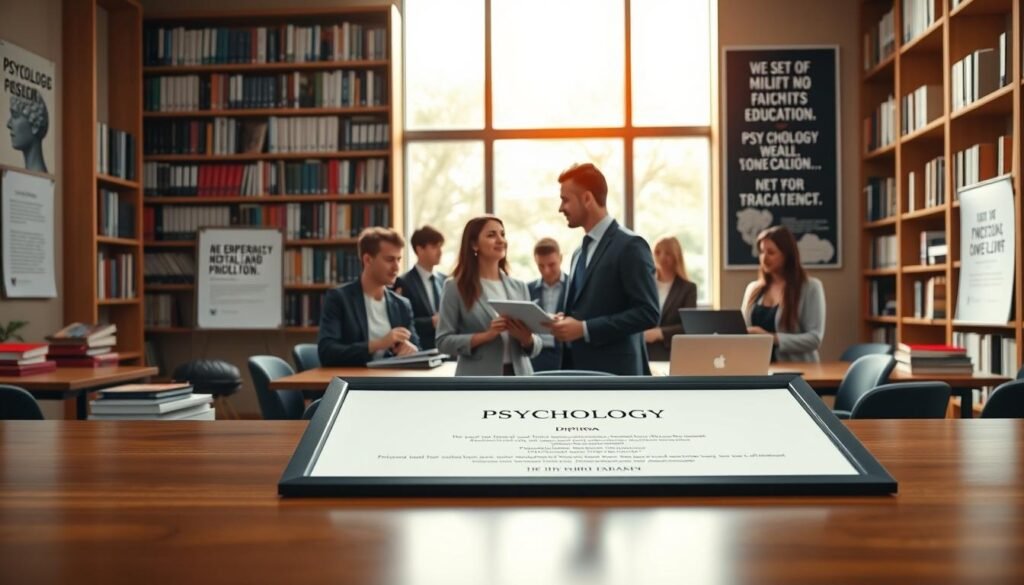 A vibrant university classroom setting focusing on a compelling visual representation of a degree. In the foreground, a sleek, framed diploma rests on a polished wooden desk, with gentle light reflecting off its glass surface. The middle section features a diverse group of students engaged in discussion, wearing professional business attire, embodying enthusiasm and intellect. They are surrounded by textbooks and laptops, symbolizing education. The background reveals bookshelves filled with psychology texts and motivational posters about the importance of mental health and education. Soft, natural light floods in through large windows, creating an uplifting and inspiring atmosphere. The composition is well-balanced and harmonious, emphasizing the essential value of studying psychology in today’s society.