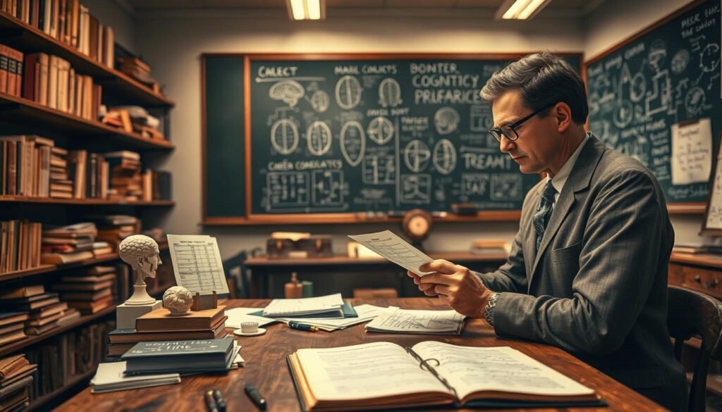 A vintage psychology laboratory scene depicting a researcher examining the concept of "mental set." In the foreground, a middle-aged researcher in professional attire, with glasses, intently analyzes multiple cognitive test results displayed on a wooden desk cluttered with papers and psychological models. The middle ground features shelves lined with age-old psychology textbooks, scattered research notes, and an open notebook filled with sketches. In the background, a large chalkboard filled with diagrams and concepts from classic psychology studies, softly illuminated by warm overhead lighting. The atmosphere exudes a sense of inquiry and intellectual curiosity, reminiscent of early 20th-century academic environments, with a focus on the exploration of cognitive processes. The angle captures the depth of the room, inviting viewers into this historical setting.