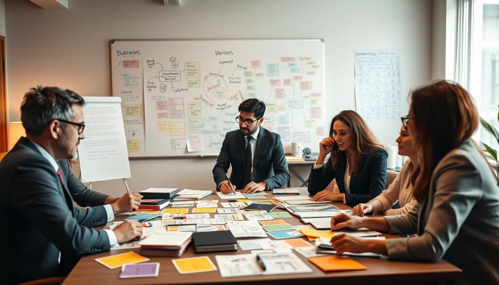 A visually striking representation of encoding strategies for improved memory recall. In the foreground, a diverse group of professionals in business attire is engaged around a large table covered with colorful flashcards, diagrams, and strategic notes. In the middle ground, a whiteboard filled with mind maps and mnemonic illustrations showcases various encoding techniques, such as visualization and chunking. The background features a cozy, well-lit office with soft, diffused lighting that casts a warm atmosphere, reinforcing collaborative learning. Use a shallow depth of field to emphasize the group and materials in the foreground while softly blurring the background. The overall mood should be one of inspiration and focus, capturing the essence of teamwork and innovative thinking in the context of psychology.