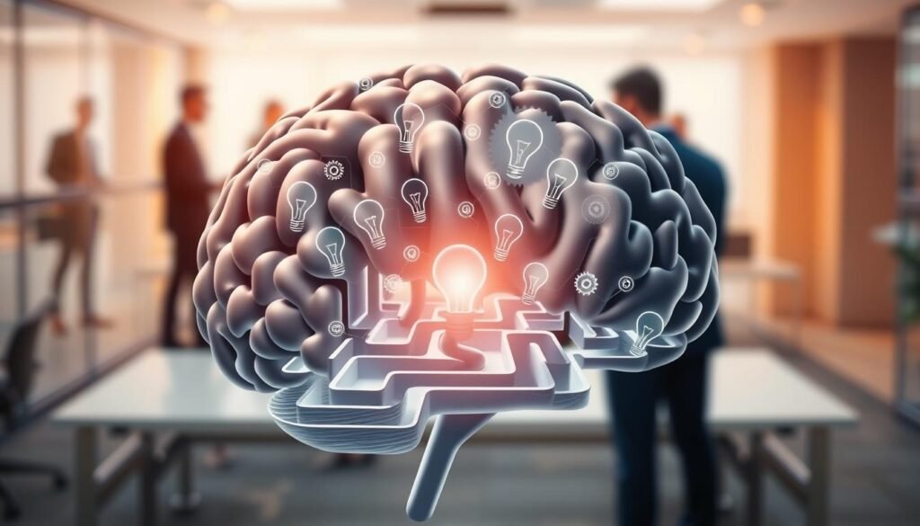 A visually striking representation of "mental set" in psychology. In the foreground, depict a human brain shaped like a labyrinth, intricately designed with interconnected pathways symbolizing fixed thought patterns. In the middle ground, show a diverse group of individuals in professional business attire, actively engaging in collaborative problem-solving, surrounded by abstract visualizations of lightbulbs and gears to illustrate creativity and innovation breaking through mental barriers. The background should feature a softly blurred office environment, with warm, natural lighting to create an inspiring atmosphere. The overall mood is one of discovery and intellectual growth, inviting viewers to reflect on the concept of mental set. Use a lens perspective that emphasizes depth and engagement within the scene.