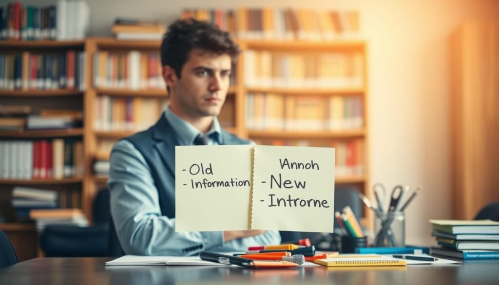 A visually striking representation of proactive interference in psychology. In the foreground, a person in professional business attire stands in an office environment, looking slightly confused as they glance at two overlapping notes on a desk—one labeled ‘Old Information’ and the other ‘New Information.’ In the middle, the desk is cluttered with office supplies, symbolizing cognitive overload. The background features a blurred bookshelf, filled with books, representing accumulated knowledge. Bright, soft lighting creates a clarity of thought, while a subtle shadow over the notes illustrates confusion. The atmosphere is reflective and thought-provoking, inviting viewers to consider the impact of old memories on new learning experiences. The image captures the essence of memory interference in a relatable yet professional setting. A visually striking representation of proactive interference in psychology. In the foreground, a person in professional business attire stands in an office environment, looking slightly confused as they glance at two overlapping notes on a desk—one labeled ‘Old Information’ and the other ‘New Information.’ In the middle, the desk is cluttered with office supplies, symbolizing cognitive overload. The background features a blurred bookshelf, filled with books, representing accumulated knowledge. Bright, soft lighting creates a clarity of thought, while a subtle shadow over the notes illustrates confusion. The atmosphere is reflective and thought-provoking, inviting viewers to consider the impact of old memories on new learning experiences. The image captures the essence of memory interference in a relatable yet professional setting.