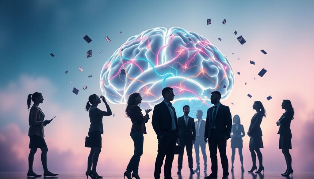 A visually striking representation of "proactive interference memory," featuring an abstract brain design at the forefront, symbolizing cognitive processes. The brain is illuminated with colorful neural pathways, representing memory connections that intermingle and create tension. In the middle ground, silhouettes of diverse individuals in professional attire—varying ages and genders—interact with floating memory fragments, illustrating age and individual differences in memory retention. The background is a gradient of soft blues and purples, evoking a dreamlike atmosphere. The overall lighting is soft yet engaging, creating a sense of depth with shadows and highlights accentuating the brain. Use a wide-angle lens effect to amplify the interaction of the figures and the prominent brain, enhancing the mood of exploration and understanding in psychology. A visually striking representation of "proactive interference memory," featuring an abstract brain design at the forefront, symbolizing cognitive processes. The brain is illuminated with colorful neural pathways, representing memory connections that intermingle and create tension. In the middle ground, silhouettes of diverse individuals in professional attire—varying ages and genders—interact with floating memory fragments, illustrating age and individual differences in memory retention. The background is a gradient of soft blues and purples, evoking a dreamlike atmosphere. The overall lighting is soft yet engaging, creating a sense of depth with shadows and highlights accentuating the brain. Use a wide-angle lens effect to amplify the interaction of the figures and the prominent brain, enhancing the mood of exploration and understanding in psychology.